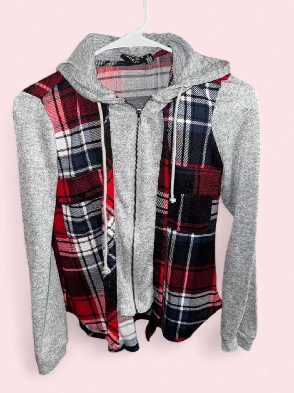 Eye Candy Mixed-Media Plaid Zip Hoodie Jacket